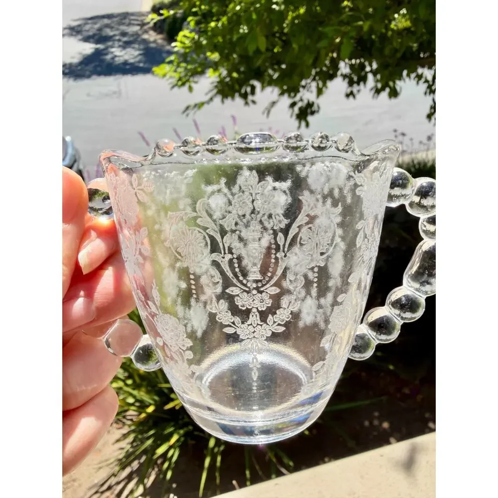 Vintage Tiffin-Franciscan Cherokee Rose Floral Beaded Glass Creamer & Sugar Set